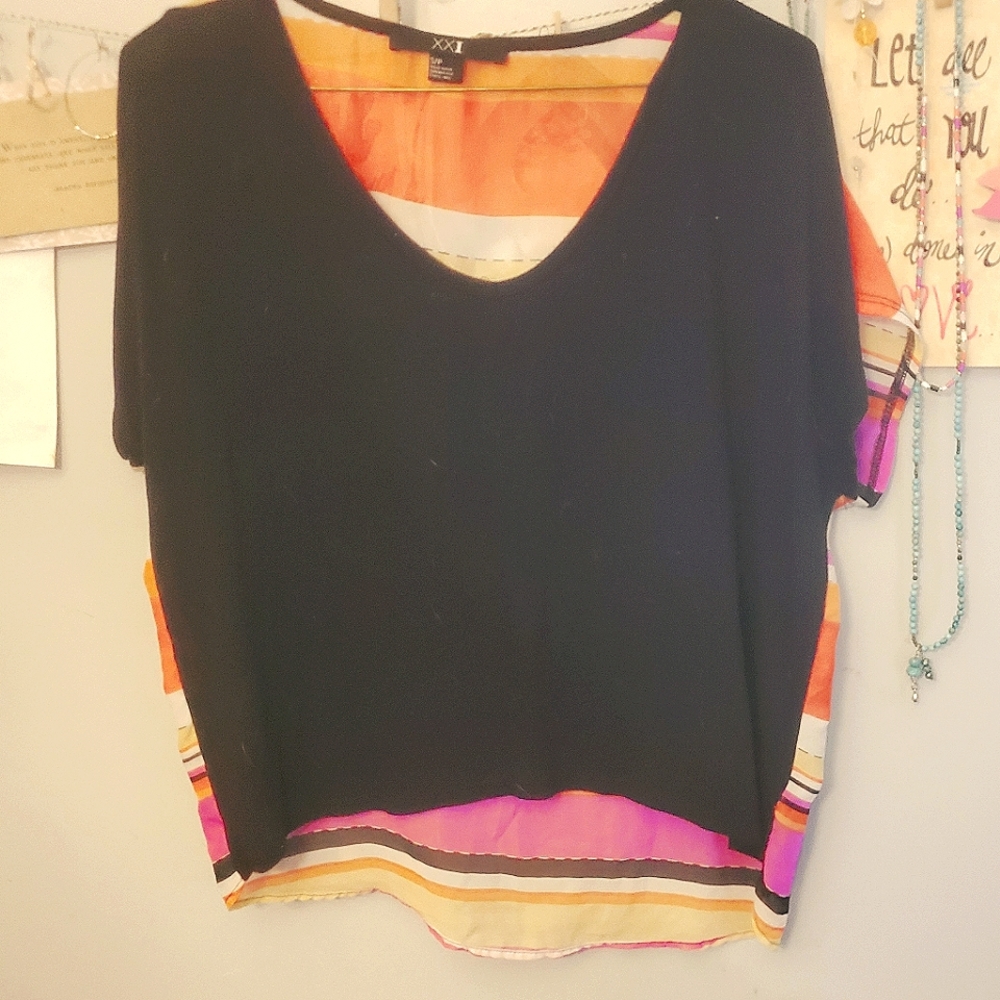 Forever 21 crop top Black with sheer colorful back size Sm.
